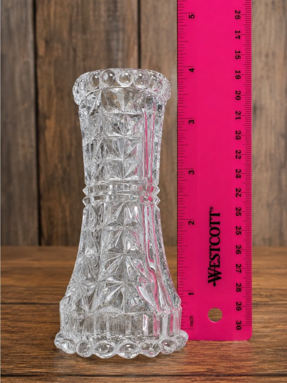 Vintage Clear Cut Glass Bud Vase Starburst Fan Pattern Scalloped Rim 6.5 Inch